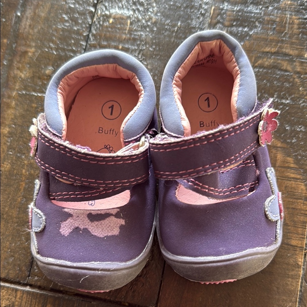 Size 1 wee walkers baby girl floral purple and pink shoes